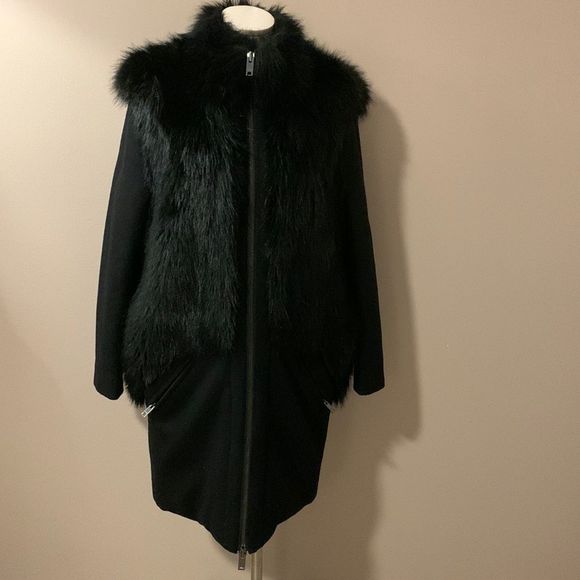 Donna Karan New York Black Wool Coat with Faux Fur size estimate 4-6- Like New - Picture 3 of 16
